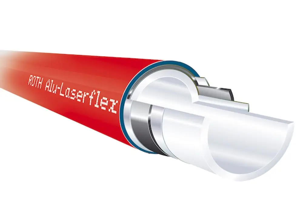 Roth Systemrohr in rot mit sichtbarem Querschnitt, zeigt die innere Struktur und Materialien. Ideal für flexible Anwendungen im Installationsbereich.